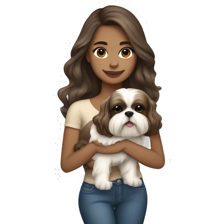 Young brunette hair woman with a cream shih tzu in her arms long wavy hair emoji