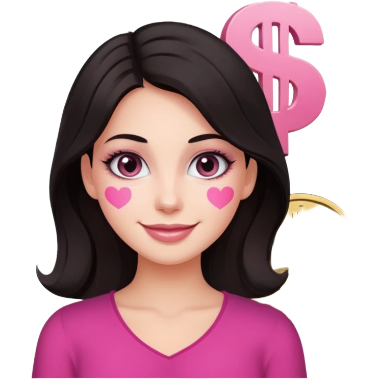 fair-skinned woman with dark hair, dollar sign ($) eyes, smiling, pink brush emoji