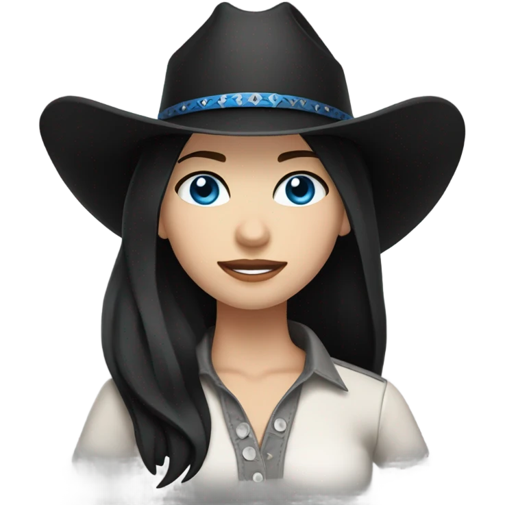 Blue eyes, cowgirl, pale skin, black hair, black cowgirl hat emoji