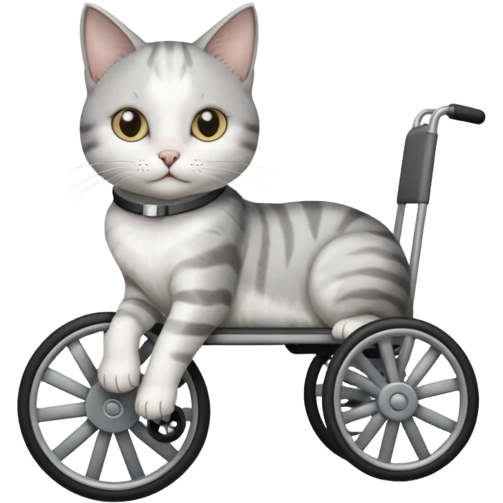 disabled grey and white small cat using cat wheelchair emoji