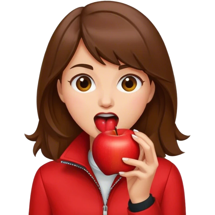 Brown haired woman in red jacket biting into a red apple emoji