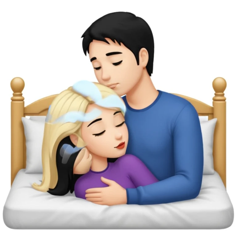 Naked man, black hair, kissing naked Woman, blonde hair, bed,  emoji