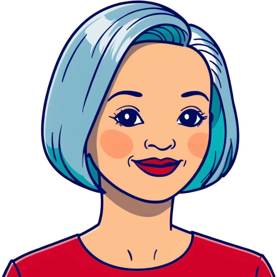 Elegant older woman with silver-gray bob haircut, light skin, almond eyes, red lipstick, red blouse, sophisticated warm smile emoji
