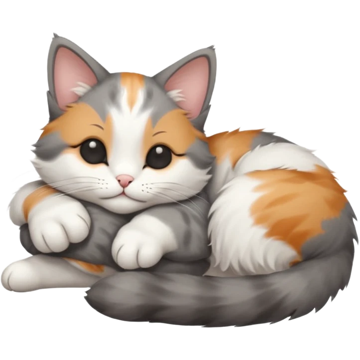 grey and white small cat with eyes closed lying down upside down with its head resting on its paw emoji