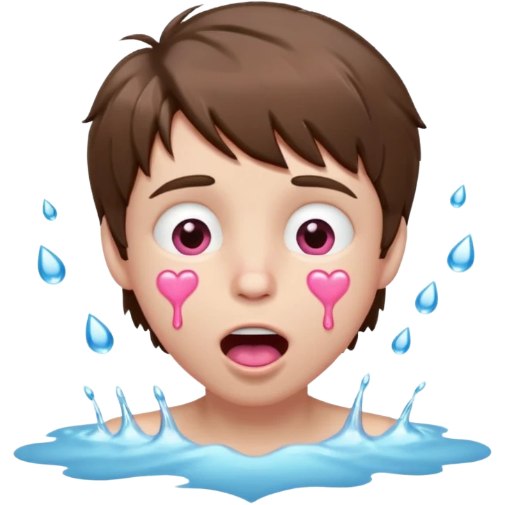 Pale Boy with shaggy brown hair, pink heart shaped eyes looking up , mouth open , water drop dripping from lips, hands on face  emoji