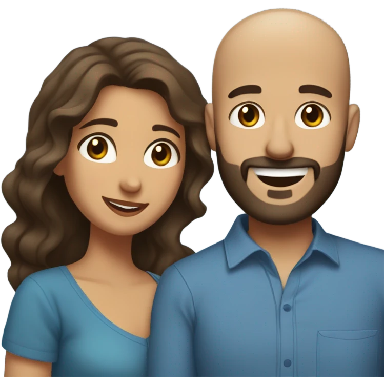 Brown-haired Puerto Rican woman with dark brown eyes wearing a cute blue blouse giving comforting hug to short, bald man with brown eyes, laugh lines, and a beard emoji