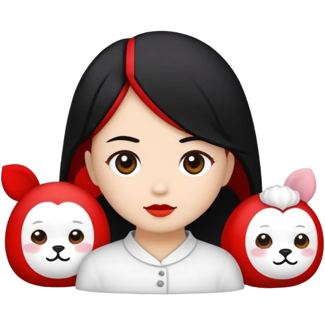 Buatkan seorang gadis berkulit putih, rambut hitam pendek, bibir pink yang manis, mata yang indah, dengan gaun pink berpita, sambil memegang boneka kelinci manis emoji