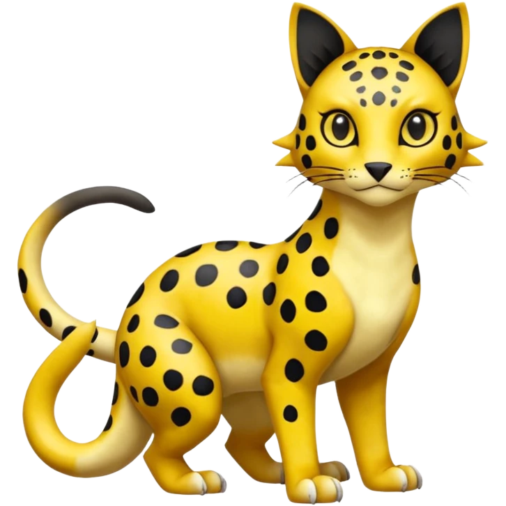 Golden-mustard-beige-yellow-gradients-colored, with black leopard-rosette-spots, scaley Bastet-Liepard-Noibat-Gatomon-Garchomp-Digimon-Fakémon-Pokémon-creature (full body) emoji