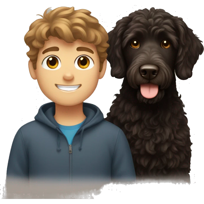 Brown haired Boy and black labradoodle emoji