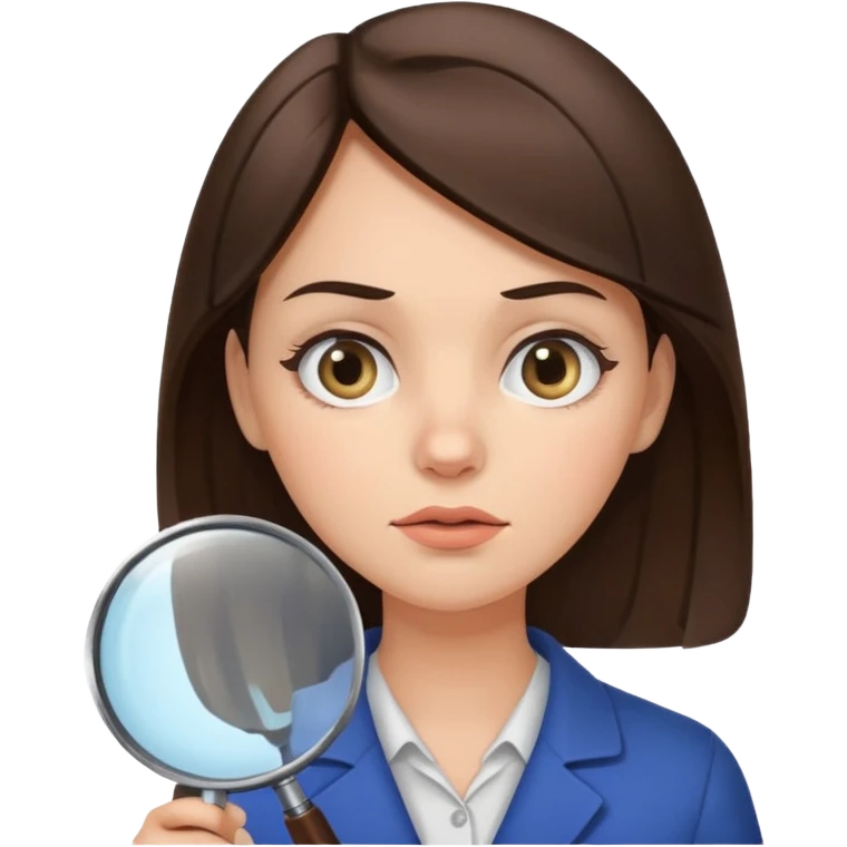 A brunette woman holding a large magnifying glass and squinting at something to intently emoji