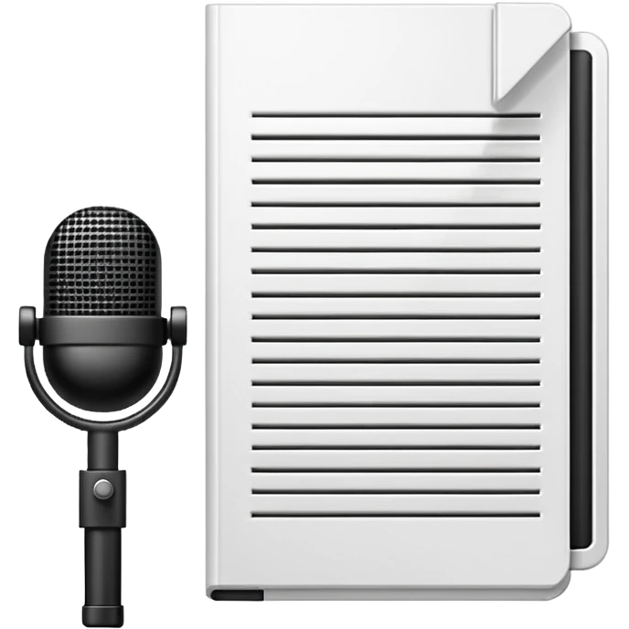 iconography design suitable for emoji reaction; pixel art: white document with a folded top-right corner and horizontal lines, outlined in a brick pattern. At the top center of the document is an icon indicating ai. In front of the document a microphone icon emoji