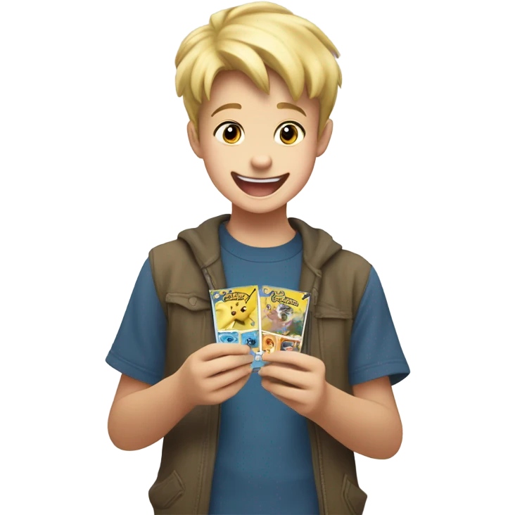 Blonde kid opening Pokemon cards emoji