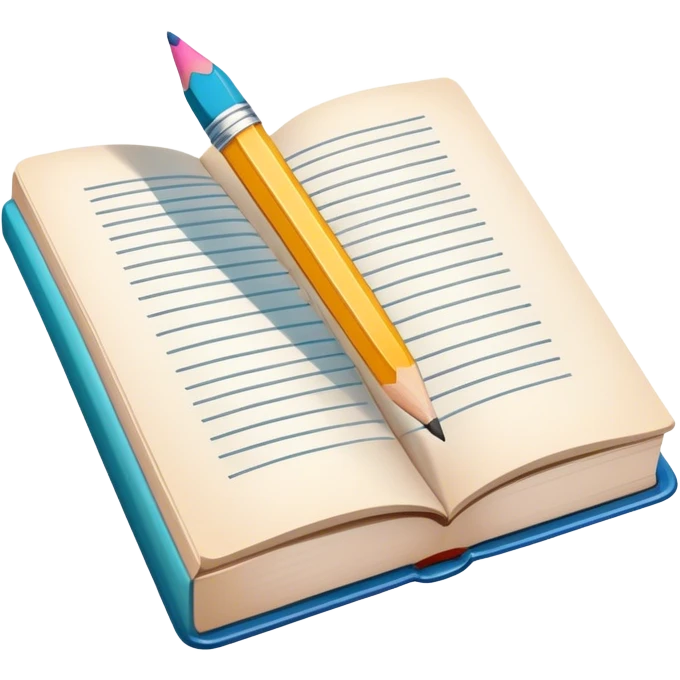 Illustration icon, pencil and paintbrush under illustrated page of book, colorful sketch, simple lines, minimalistic style, transparent background. emoji