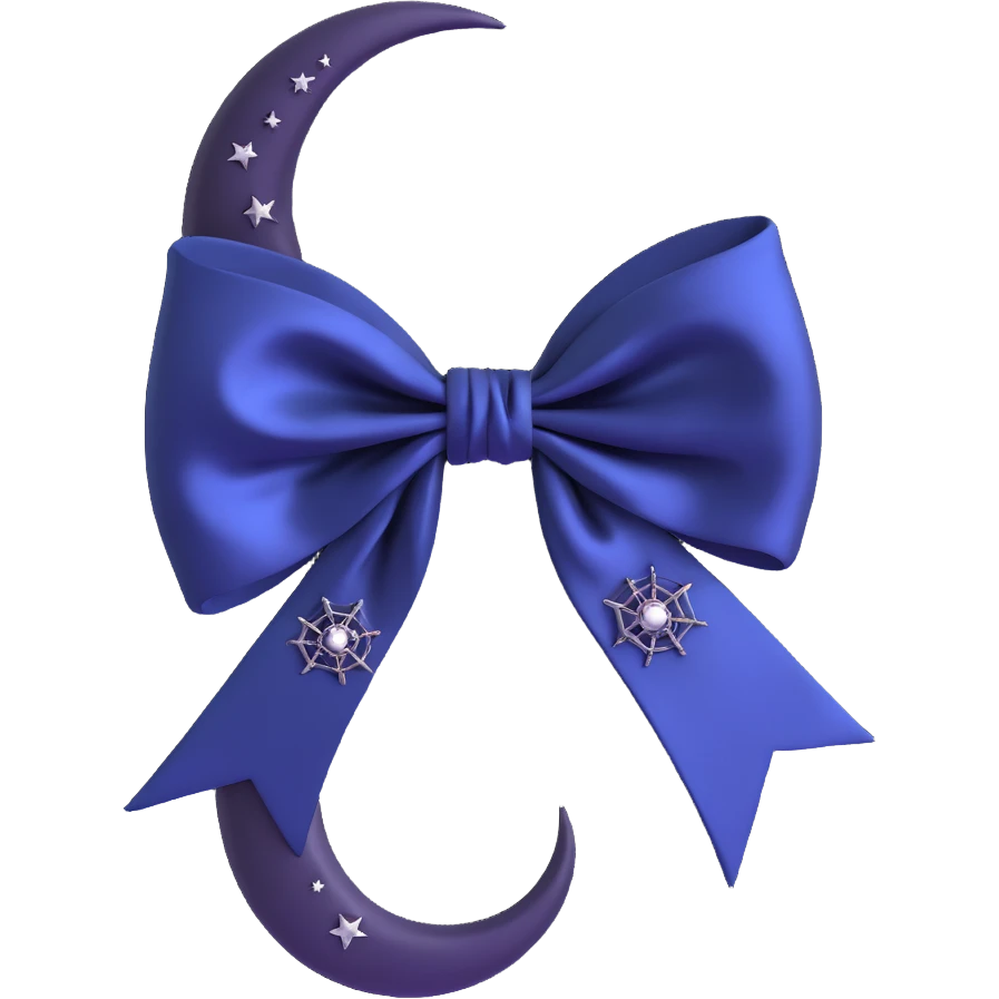 gothic bow with midnight blue silk, crescent moon charm, and subtle spiderweb pattern emoji