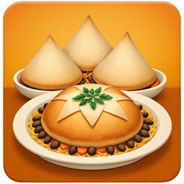 Uzbek cuisine humanless avatar in bright illustration. Classic dishes like plov and samsa, warm golden and earthy tones, simple shapes, flat design, high contrast, friendly and appetizing. emoji