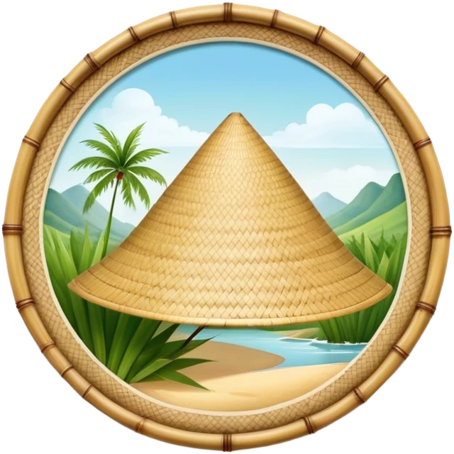 ​Cinematic Realistic Traditional Vietnamese Nón Lá, depicted as a delicately crafted conical hat made of bamboo and palm leaves with subtle texture and natural wear, set against a serene rural backdrop bathed in warm, soft sunlight, evoking authentic cultural heritage, emoji