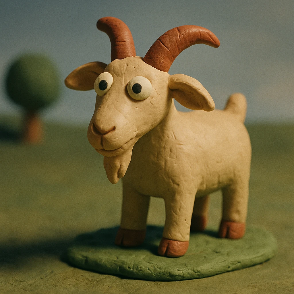 goat standing on grass, visible fingerprints, matte plasticine look, claymation style emoji