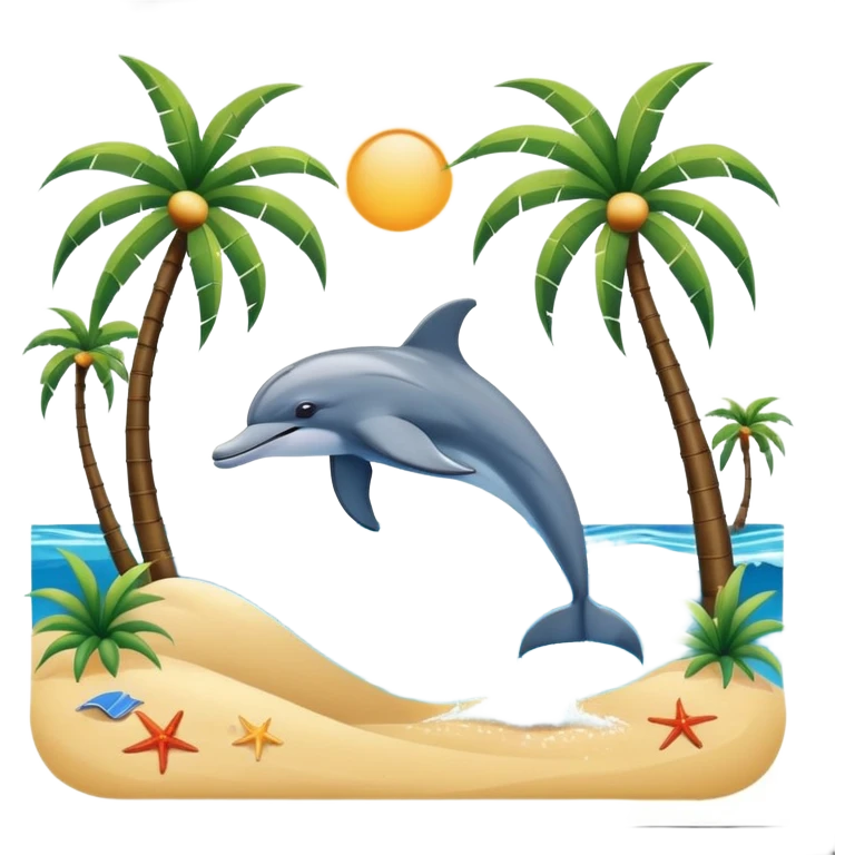 A beach scene with palm trees and a dolphin jumping out of the water emoji