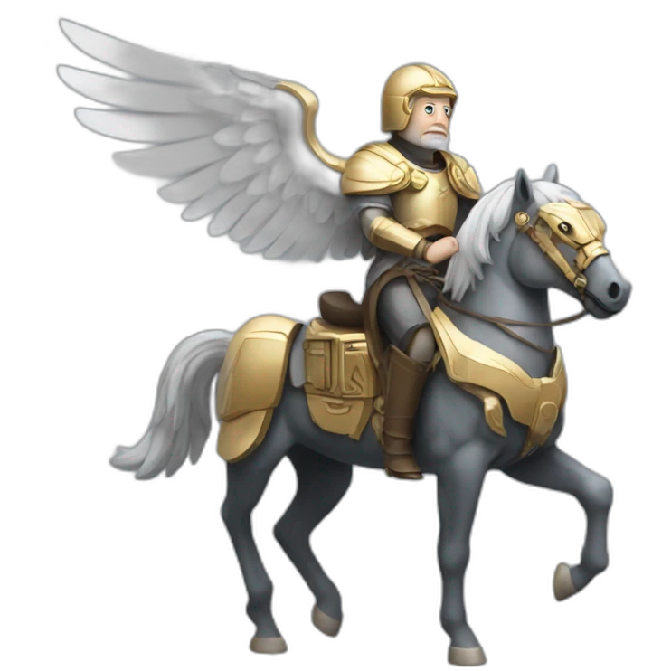 Aristotle riding mech horse with wings emoji