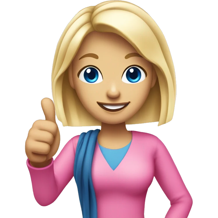 Attractive blonde blue eyed woman giving thumbs up wearing pink emoji