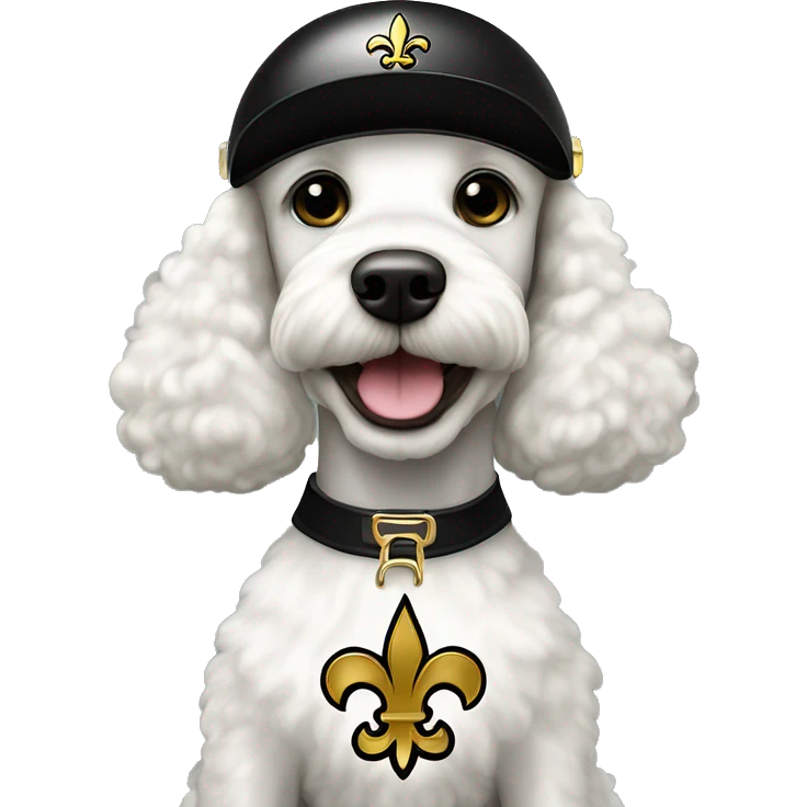 White poodle wearing a black football helmet with gold stripe and gold fleur de lis emblem emoji