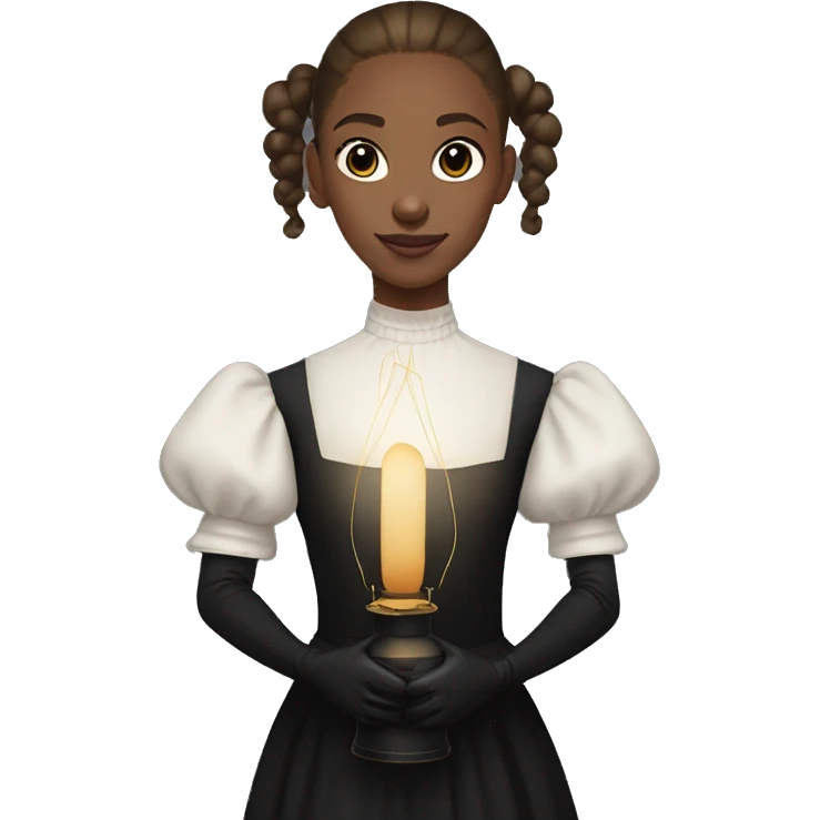 a girl in a black dress with lantern sleeves painted with letters, with light brown hair pulled back into a ponytail, with shaved temples, in identical black gloves emoji