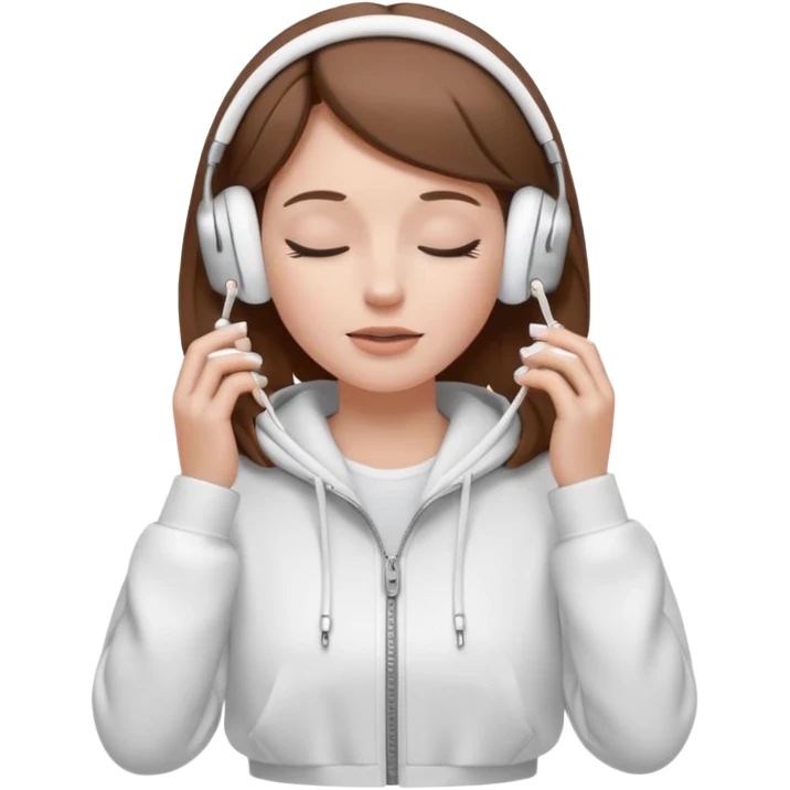 A clean, minimal emoji-style illustration of a white girl with brown hair worn loose. Her eyes are closed while listening to music with silver AirPods Max. She’s wearing a white zip-up hoodie. Smooth 3D emoji style, soft lighting, neutral tones. emoji