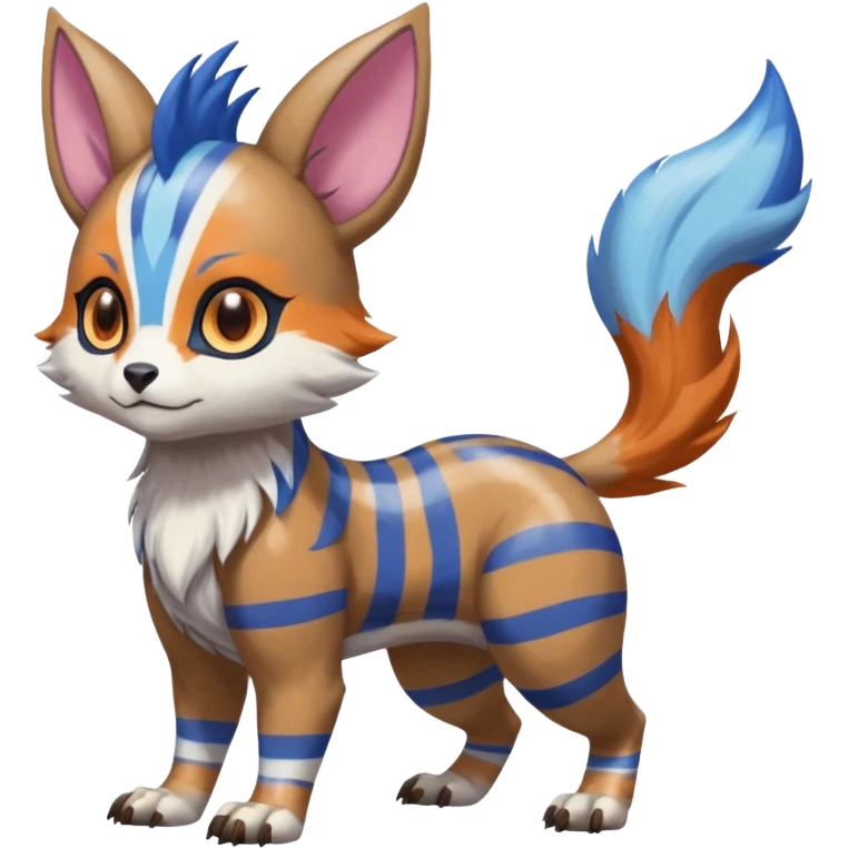 Brown and white-striped Colorful Skilled Adept Graceful Asian Painted WereGarurumon-Meloetta-Ursaring-Furret-fusion-hybrid-creature (full body) with blue rings around eyes, tufted orange ears emoji