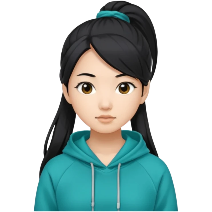 generate an asian female with long black hair in a ponytail and a teal hoodie emoji