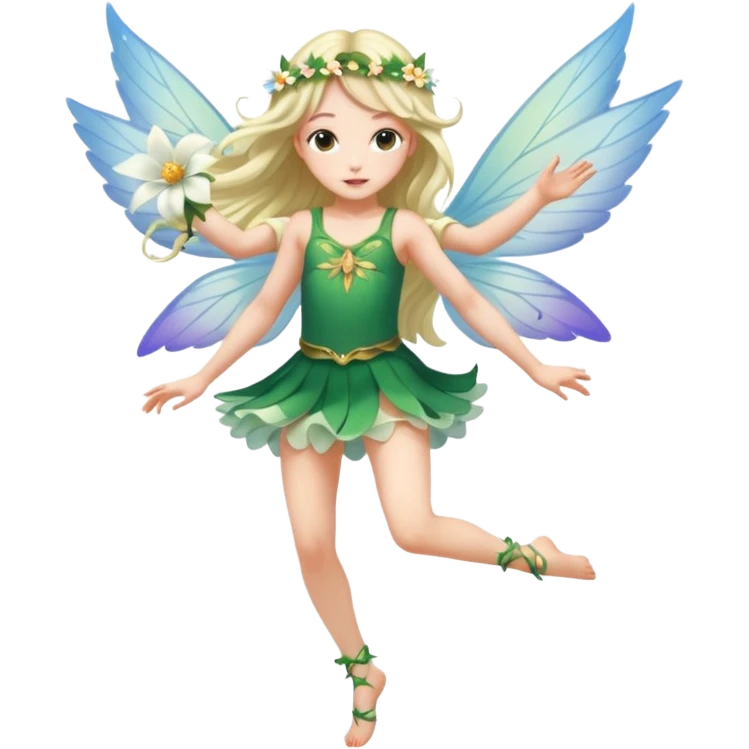 A winged flower fairy white skin girl, wearing a short skirt, one leg straight and the other bent, her body tilted, in a flying pose. emoji