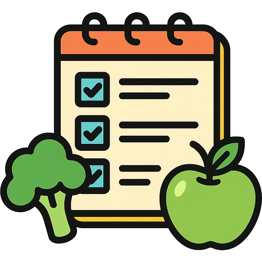 Vector-style illustration of a healthy diet checklist: an open notepad with checkmarks, placed beside fresh broccoli and a green apple. Clean, crisp lines, modern flat design with realistic soft shadows and highlights. High contrast, vibrant colors, minimalistic background. Professional, polished style, ideal for health or nutrition app or article illustration. emoji