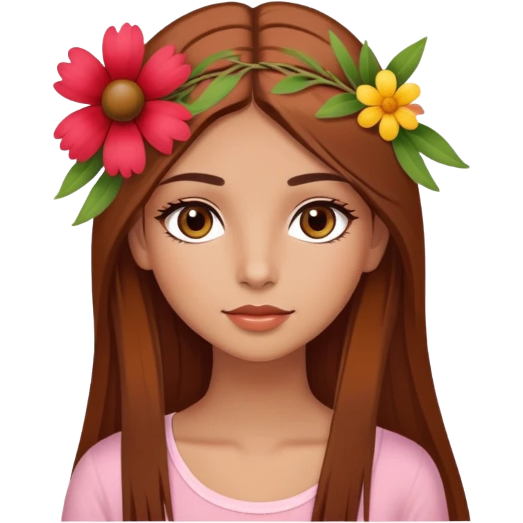 pretty girl with olive skin, hazel eyes and long lashes, has brown hair with a bit red undertone, hair is long and straight, and she’s in summer style, with flower on her head emoji