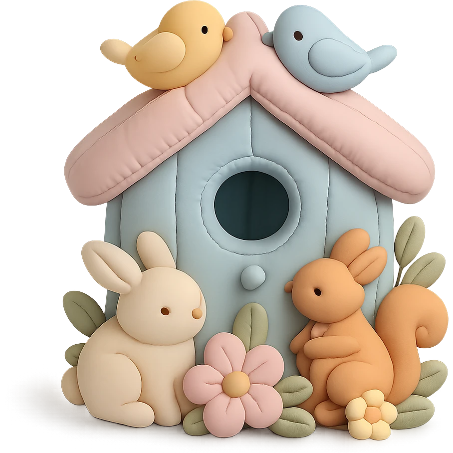 birdhouse with flowers and forest creatures including bunnies, birds, squirrels, soft pastel colors, transparent background emoji