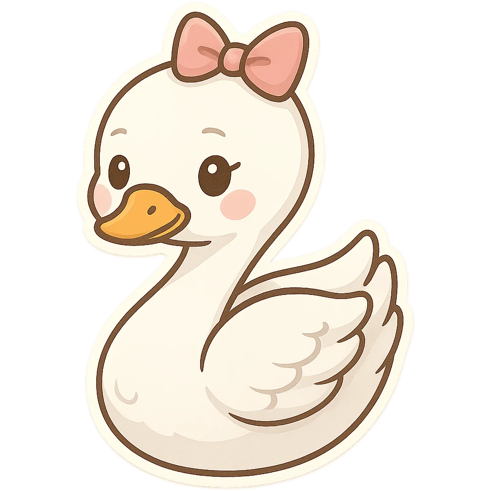 a graceful white swan, pink bow on her head, adorable and friendly look, clean background emoji