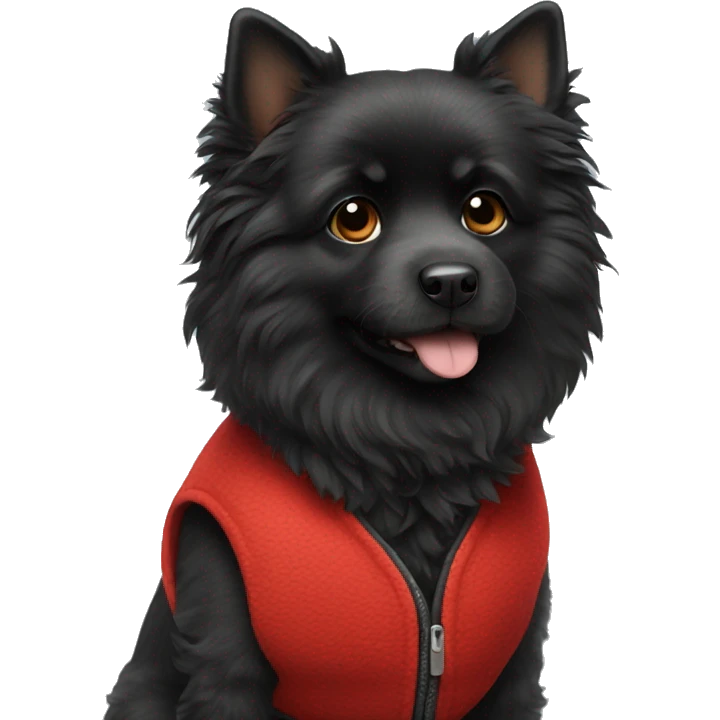 small completely black fluffy dog wearing red vest emoji
