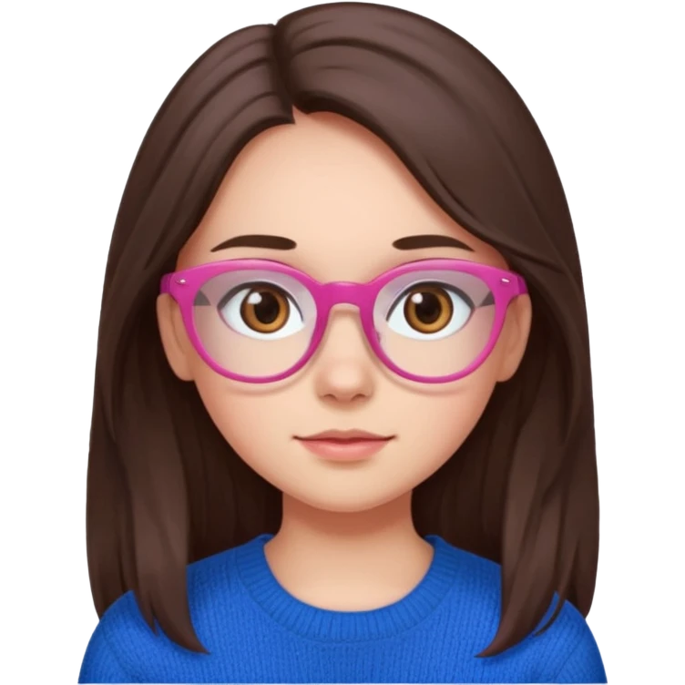 brunette girl whit blue sweater, long hair, brown eyes, pink eyeglasses  emoji