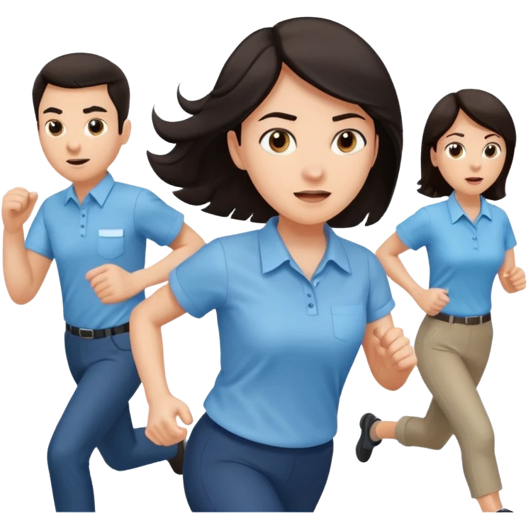 a female co-worker running and other co-workers chasing her  - female co worker with dark hair way in front... others far behind -- male and female co workers chasing female co worker emoji