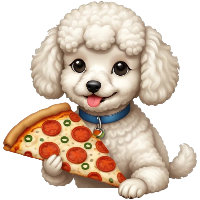 A white poodle eating pizza emoji