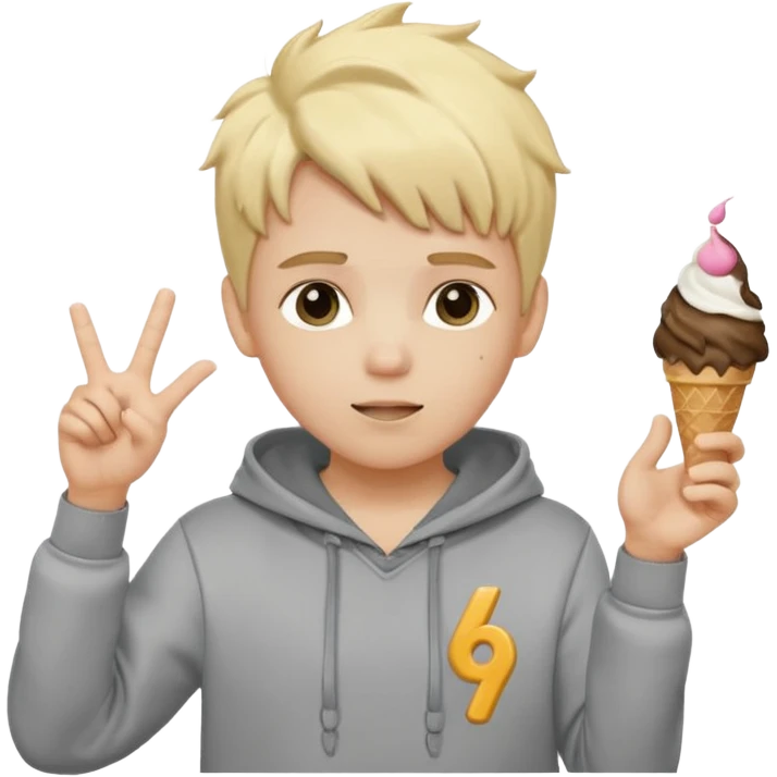 a white kid with a ice cream hairstyle blone hair with a grey hoodie and his above his hands saying 67 one 6 on 1 hand 7 on the other emoji