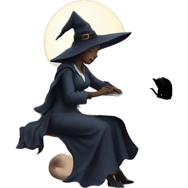 witch who works an office job with a computer and a coffee and a book of spells sitting outside under a full moon with a cat emoji