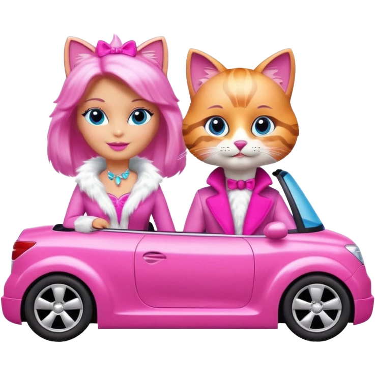 Barbie cat and Ken cat, with distinct cat faces and fur, wearing costumes, in a pink convertible emoji