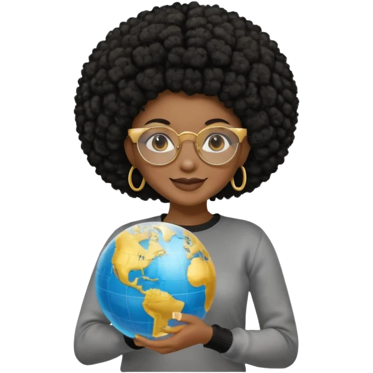 a young woman wearing gold round glasses and black afro hair, she has light black skin, she's wearing a professional sweater and she's holding a globe in her hand emoji