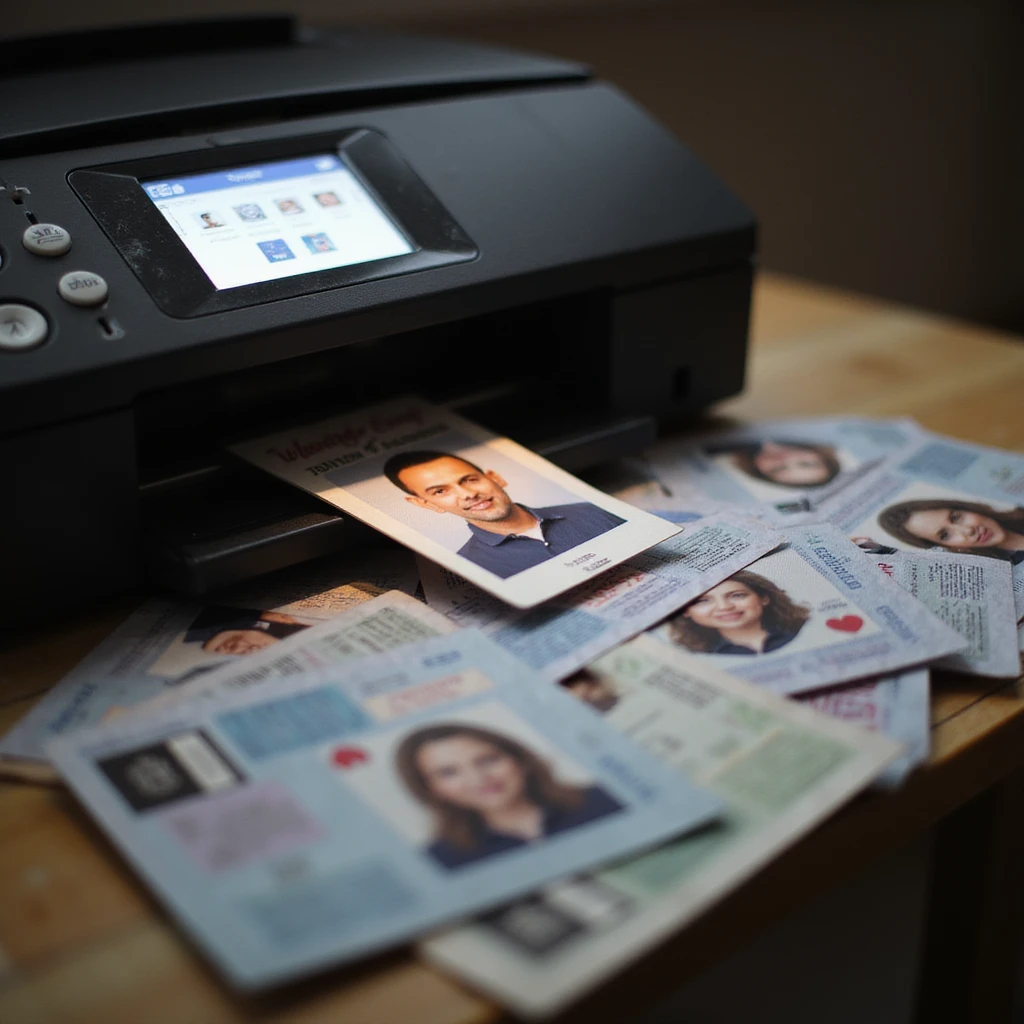 realistic thumbnail for a passport photo printing service, featuring a printer and a spread of passport photos, with one photo prominently highlighted and well-lit in the center emoji