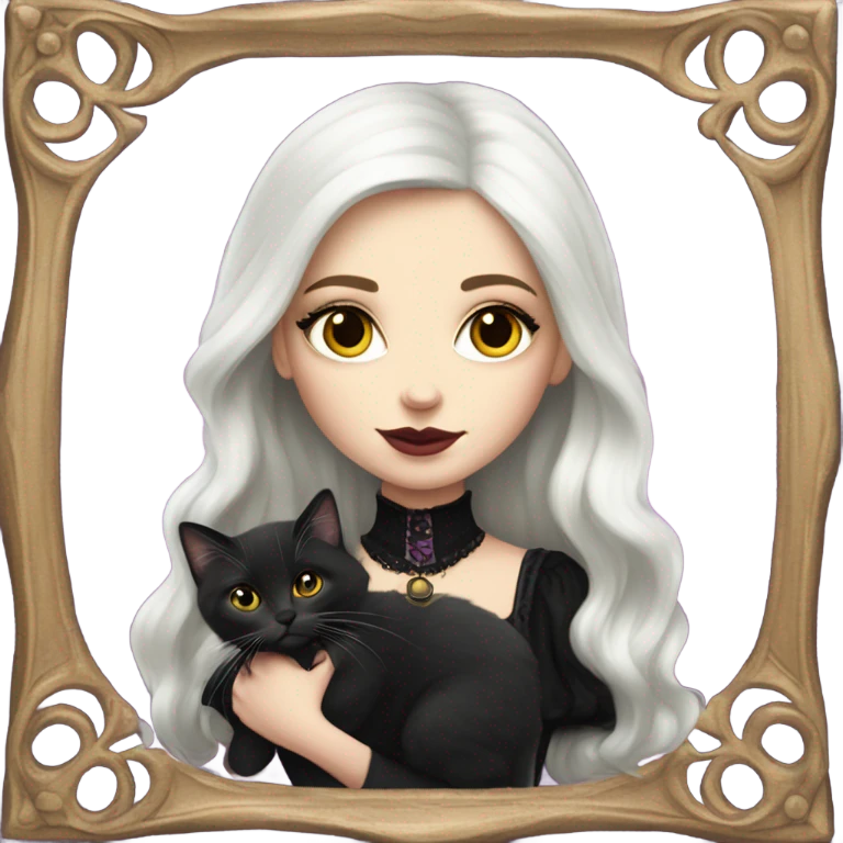 Pretty portrait of White girl with Long magenta Hair. Soft gothic make up and gothic dress. Holding her golden british longhair kitten. emoji