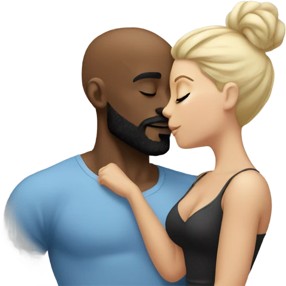 White brunette kissing muscular black bald man with beard emoji