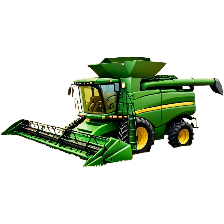John Deere S780 (2021) – Cinematic-realistic John Deere S780 combine harvester, its bold green frame towering over golden wheat fields. The powerful header swallows crops effortlessly as grain fills the tank, while the setting sun casts a warm glow over the vast farmland. emoji