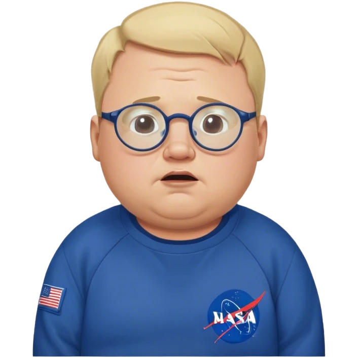 crying chubby man, with blond short receding hairline, wears a dark blue nasa sweatshirt, nasa logo on the breast, round glasses, 40 years old emoji