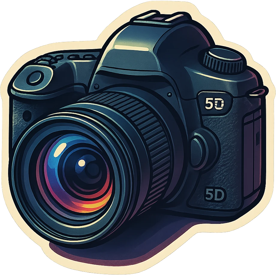 retro sticker style illustration of a classic DSLR camera inspired by Canon 5D Mark III, bold outlines, glossy highlights, dramatic shadows, emphasize lens and body details, fun sticker-like style emoji