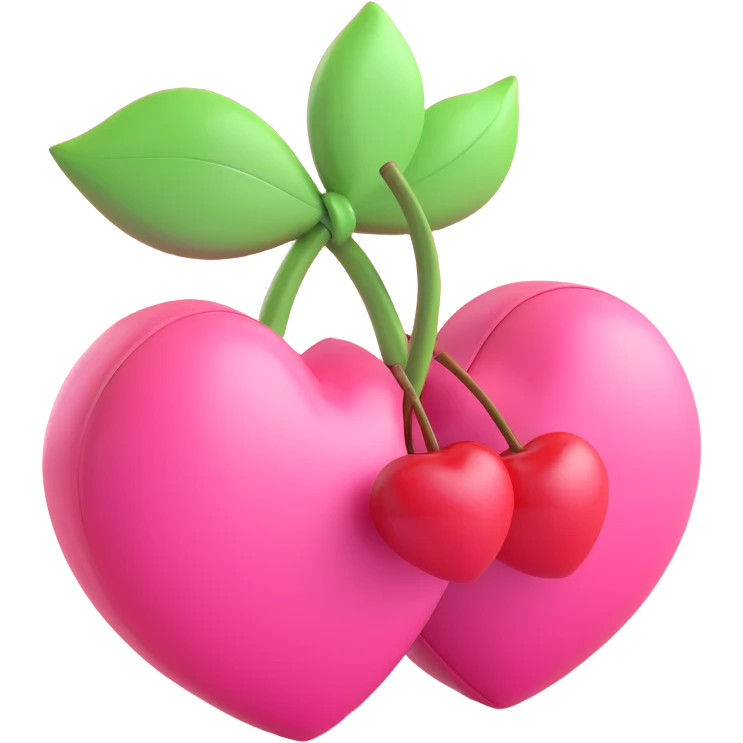 cute pink heart cherries with a pink bow, shiny and soft look, on a white background emoji