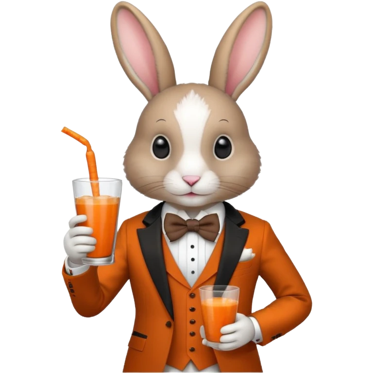 rabbit wearing suit, bowtie and top hat, holding glass of carrot juice emoji